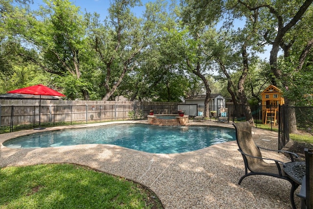 3808 Royal Troon Dr, Round Rock, TX 78664 - view of swimming pool with a fenced backyard, a playground, a patio, and a pool with connected hot tub