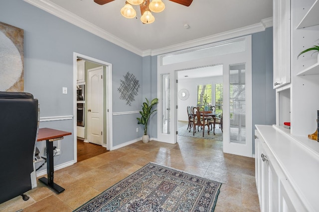 3808 Royal Troon Dr, Round Rock, TX 78664 - home office with ornamental molding, ceiling fan, baseboards, and light tile patterned flooring