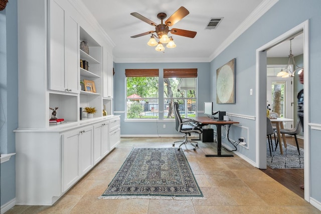 3808 Royal Troon Dr, Round Rock, TX 78664 - office area with ceiling fan, ornamental molding, and baseboards