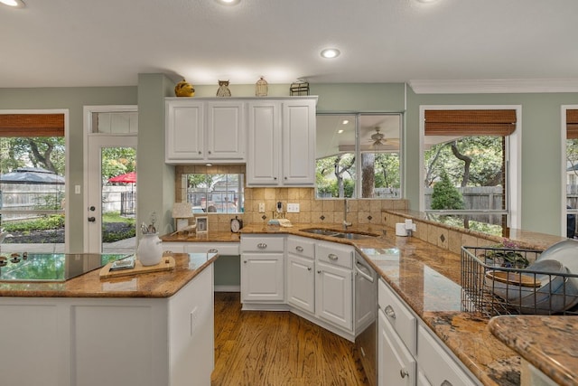 3808 Royal Troon Dr, Round Rock, TX 78664 - kitchen featuring a sink, white cabinetry, light wood-style floors, light stone countertops, and crown molding