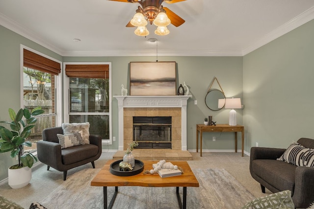 3808 Royal Troon Dr, Round Rock, TX 78664 - carpeted living room with ceiling fan, ornamental molding, baseboards, and a tiled fireplace