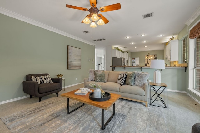 3808 Royal Troon Dr, Round Rock, TX 78664 - living area with baseboards, ceiling fan, crown molding, carpet floors, and recessed lighting