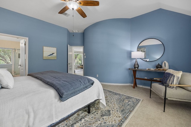 3808 Royal Troon Dr, Round Rock, TX 78664 - bedroom featuring multiple windows, carpet floors, ceiling fan, vaulted ceiling, and baseboards