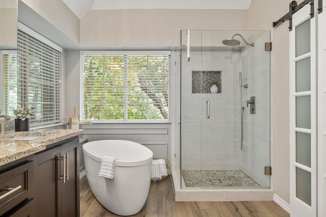 3808 Royal Troon Dr, Round Rock, TX 78664 - bathroom with a stall shower, wood finished floors, vanity, a freestanding tub, and vaulted ceiling