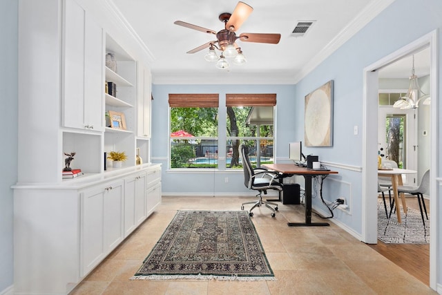 3808 Royal Troon Dr, Round Rock, TX 78664 - home office featuring ceiling fan and ornamental molding