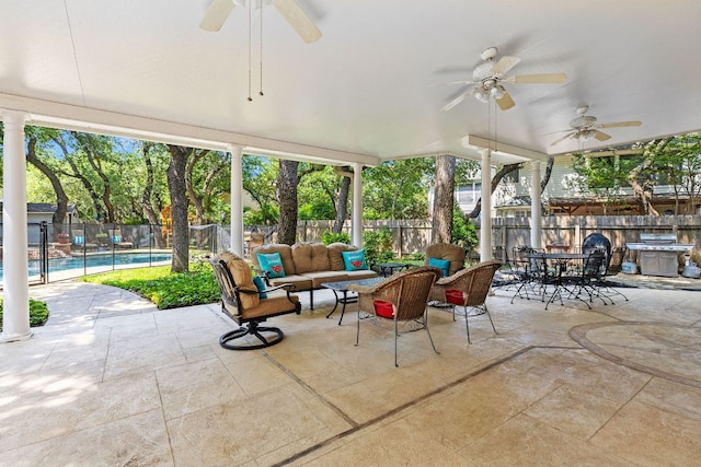 3808 Royal Troon Dr, Round Rock, TX 78664 - fenced backyard with a ceiling fan, outdoor lounge area, and a patio