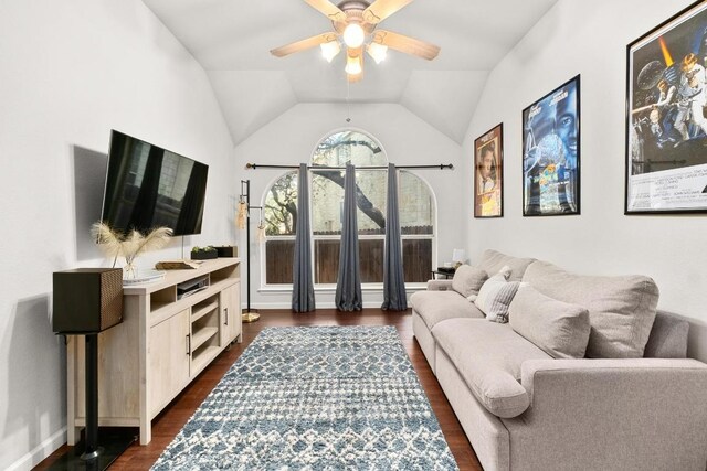 10609 Thoroughbred Dr, Austin, TX 78748 - living room featuring a ceiling fan, dark wood-style flooring, and lofted ceiling