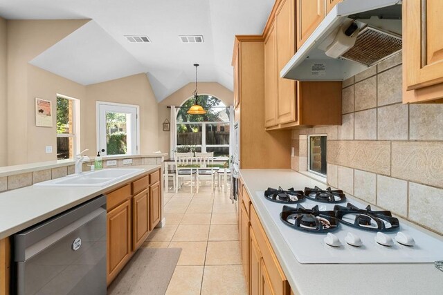 10609 Thoroughbred Dr, Austin, TX 78748 - kitchen featuring dishwasher, exhaust hood, white gas stovetop, a sink, and light countertops