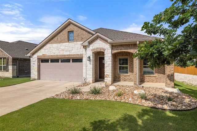 1049 Naranjo Dr, Georgetown, TX 78628 - french country inspired facade with driveway, brick siding, a garage, and a shingled roof