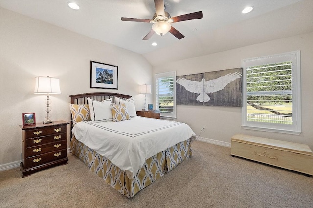 1049 Naranjo Dr, Georgetown, TX 78628 - bedroom with baseboards, carpet flooring, recessed lighting, lofted ceiling, and a ceiling fan