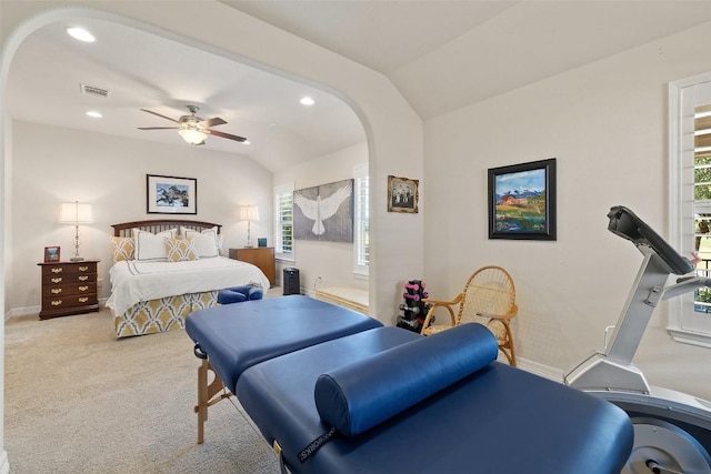 1049 Naranjo Dr, Georgetown, TX 78628 - bedroom with arched walkways, lofted ceiling, carpet flooring, recessed lighting, and baseboards