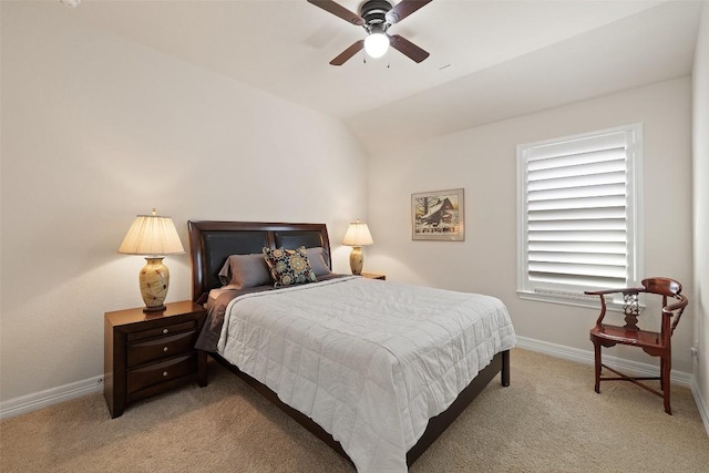 1049 Naranjo Dr, Georgetown, TX 78628 - bedroom featuring light colored carpet, baseboards, lofted ceiling, and ceiling fan
