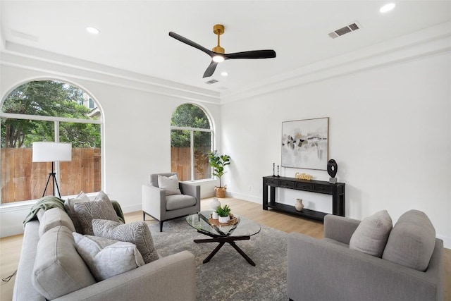 14904 Cordero Dr, Austin, TX 78717 - living area with light wood finished floors, a ceiling fan, recessed lighting, and baseboards