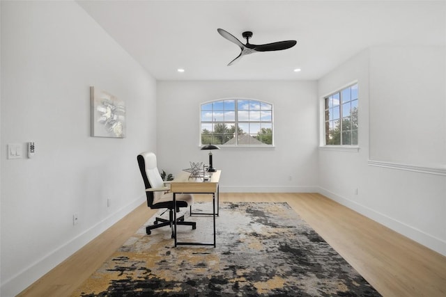 14904 Cordero Dr, Austin, TX 78717 - office area featuring a ceiling fan, light wood-type flooring, baseboards, and recessed lighting