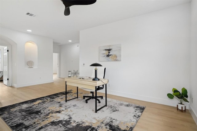 14904 Cordero Dr, Austin, TX 78717 - office featuring wood finished floors, recessed lighting, baseboards, and ceiling fan