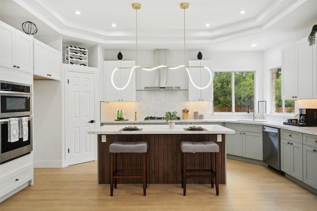 14904 Cordero Dr, Austin, TX 78717 - kitchen featuring stainless steel appliances, a tray ceiling, wall chimney range hood, gray cabinetry, and recessed lighting
