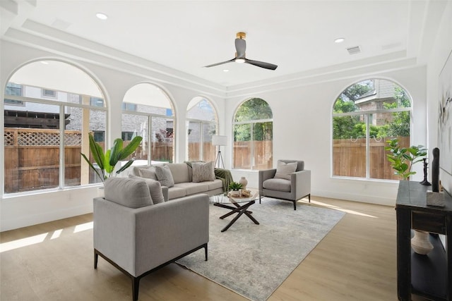 14904 Cordero Dr, Austin, TX 78717 - living area with baseboards, ceiling fan, light wood-type flooring, and recessed lighting