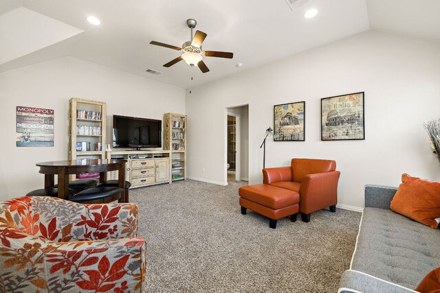 116 Belford St, Georgetown, TX 78628 - living area featuring vaulted ceiling, a ceiling fan, carpet floors, recessed lighting, and baseboards