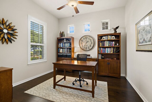 116 Belford St, Georgetown, TX 78628 - office featuring dark wood finished floors, ceiling fan, and baseboards