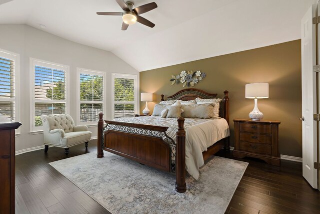 116 Belford St, Georgetown, TX 78628 - bedroom featuring vaulted ceiling, dark wood finished floors, baseboards, and a ceiling fan