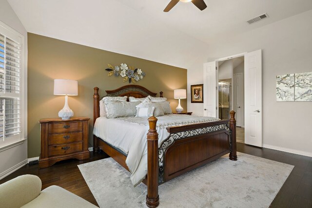 116 Belford St, Georgetown, TX 78628 - bedroom with vaulted ceiling, wood finished floors, baseboards, and a ceiling fan