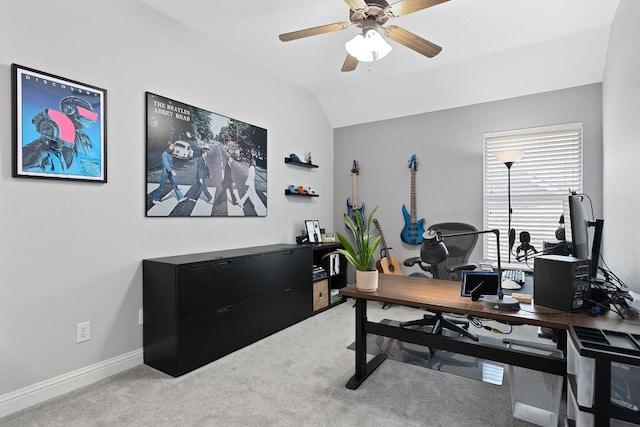 370 Ledge Stone Dr, Austin, TX 78737 - office space featuring light colored carpet, vaulted ceiling, ceiling fan, and baseboards