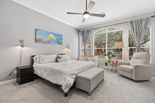 370 Ledge Stone Dr, Austin, TX 78737 - carpeted bedroom featuring baseboards, crown molding, and ceiling fan