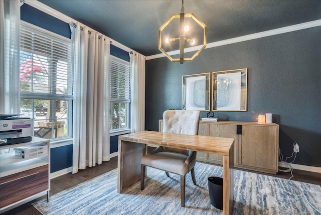 610 Ridge Park Dr, New Braunfels, TX 78130 - home office featuring a chandelier, ornamental molding, baseboards, a textured wall, and wood finished floors