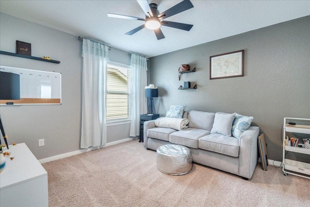 610 Ridge Park Dr, New Braunfels, TX 78130 - carpeted living room featuring a ceiling fan and baseboards