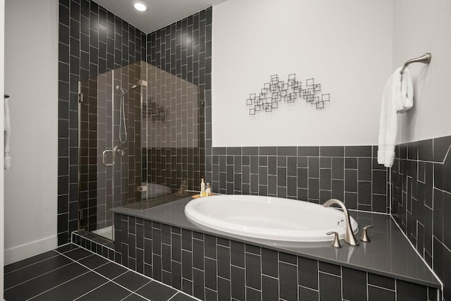 2116 Philomena St, Austin, TX 78723 - bathroom with a garden tub, tiled shower, tile patterned flooring, and recessed lighting