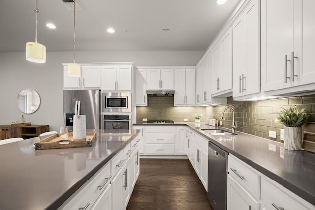2116 Philomena St, Austin, TX 78723 - kitchen featuring appliances with stainless steel finishes, under cabinet range hood, a sink, white cabinetry, and dark countertops
