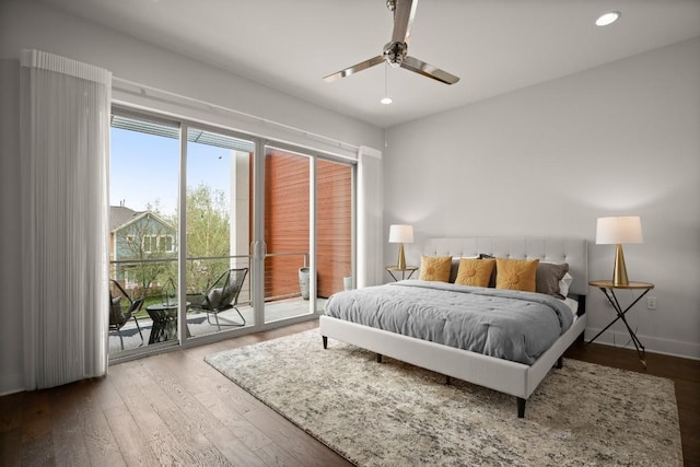 2116 Philomena St, Austin, TX 78723 - bedroom featuring access to outside, recessed lighting, wood-type flooring, ceiling fan, and baseboards