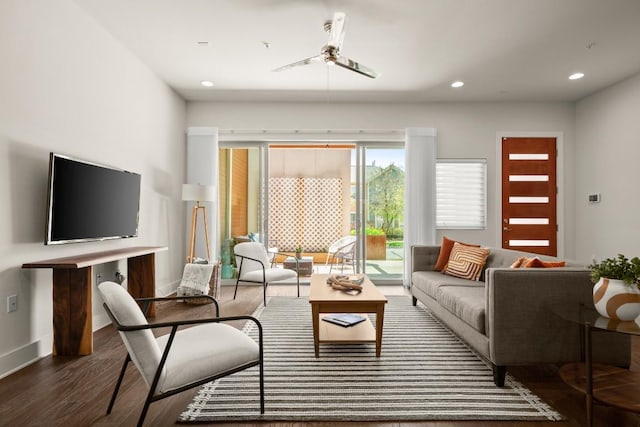 2116 Philomena St, Austin, TX 78723 - living room with a ceiling fan, dark wood finished floors, recessed lighting, and baseboards