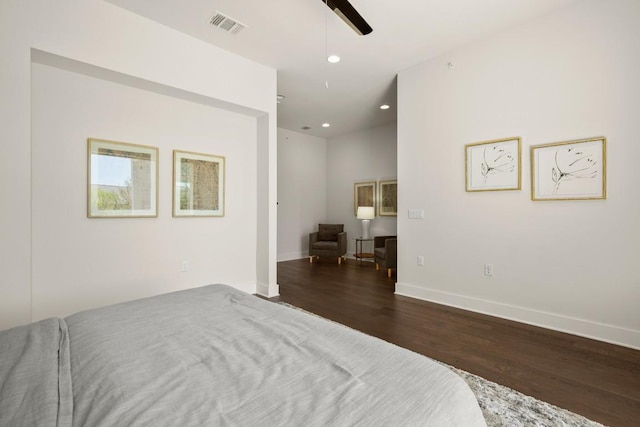 2116 Philomena St, Austin, TX 78723 - bedroom featuring dark wood-type flooring, baseboards, recessed lighting, and a ceiling fan