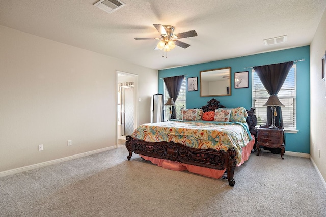 326 Comal Run, Hutto, TX 78634 - carpeted bedroom featuring multiple windows, ceiling fan, a textured ceiling, and ensuite bathroom