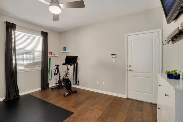 7221 Seneca Falls Loop, Austin, TX 78739 - exercise room featuring a ceiling fan, dark wood finished floors, and baseboards