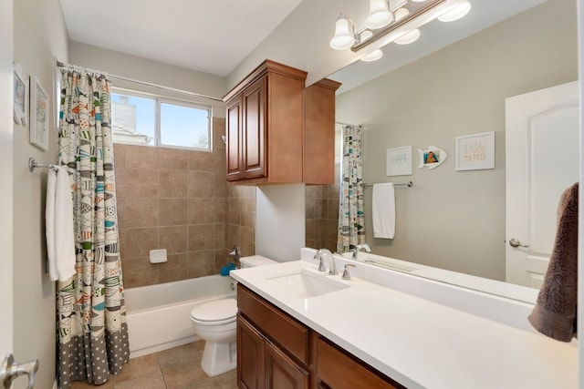 7221 Seneca Falls Loop, Austin, TX 78739 - bathroom with toilet, vanity, shower / bathtub combination with curtain, and tile patterned floors