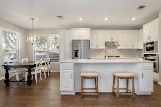 7221 Seneca Falls Loop, Austin, TX 78739 - kitchen with appliances with stainless steel finishes, under cabinet range hood, white cabinets, a sink, and light countertops