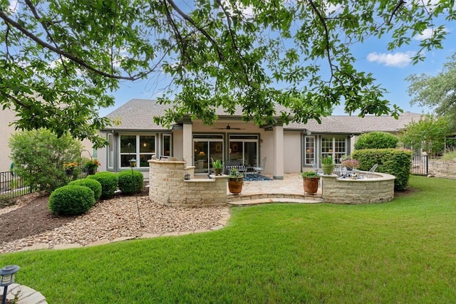 109 Timber Hitch Ct, Georgetown, TX 78633 - rear view of property featuring stucco siding, a patio, and roof with shingles