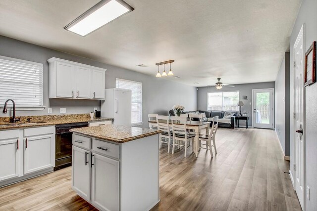 1032 Stacias Way, Pflugerville, TX 78660 - kitchen with a sink, dishwasher, open floor plan, white cabinets, and light wood-type flooring