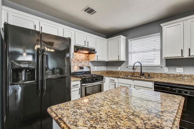 1032 Stacias Way, Pflugerville, TX 78660 - kitchen with black appliances, a sink, under cabinet range hood, and white cabinets