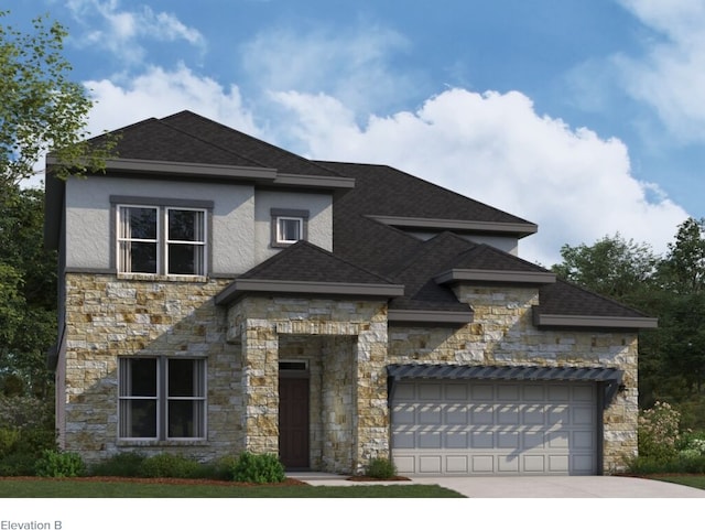 3709 Prosper Rd, Leander, TX 78641 - view of front of property with stone siding, driveway, roof with shingles, and a garage