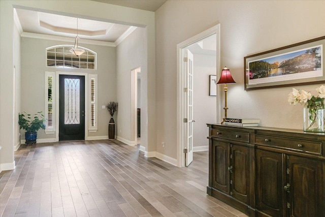 3221 Venezia Vw, Leander, TX 78641 - foyer featuring a raised ceiling, light wood-type flooring, and crown molding