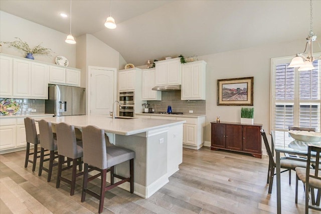 3221 Venezia Vw, Leander, TX 78641 - kitchen featuring appliances with stainless steel finishes, tasteful backsplash, under cabinet range hood, vaulted ceiling, and light countertops