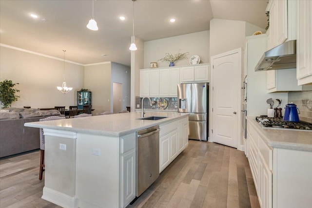 3221 Venezia Vw, Leander, TX 78641 - kitchen featuring appliances with stainless steel finishes, under cabinet range hood, backsplash, light wood-style floors, and light countertops