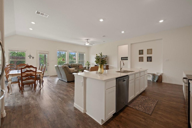 1437 Morning View Rd, Georgetown, TX 78628 - kitchen with stainless steel dishwasher, a sink, dark wood-type flooring, white cabinets, and a ceiling fan