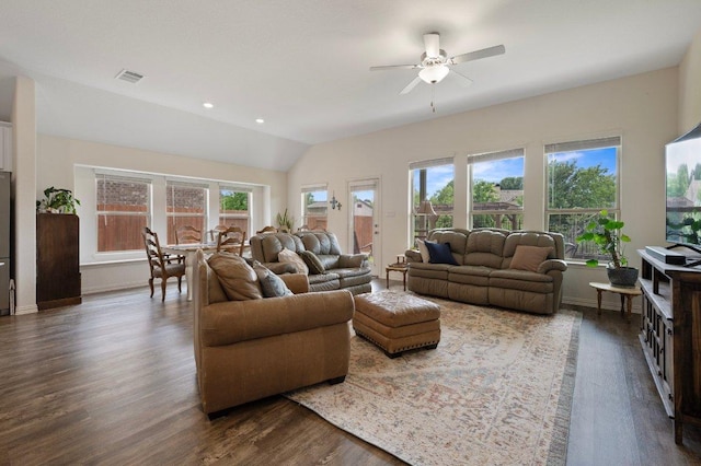 1437 Morning View Rd, Georgetown, TX 78628 - living room with dark wood-type flooring, a ceiling fan, vaulted ceiling, and baseboards