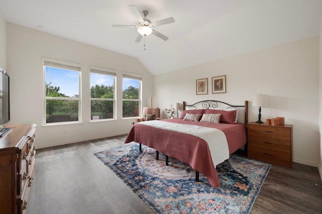 1437 Morning View Rd, Georgetown, TX 78628 - bedroom with wood finished floors, vaulted ceiling, baseboards, and ceiling fan