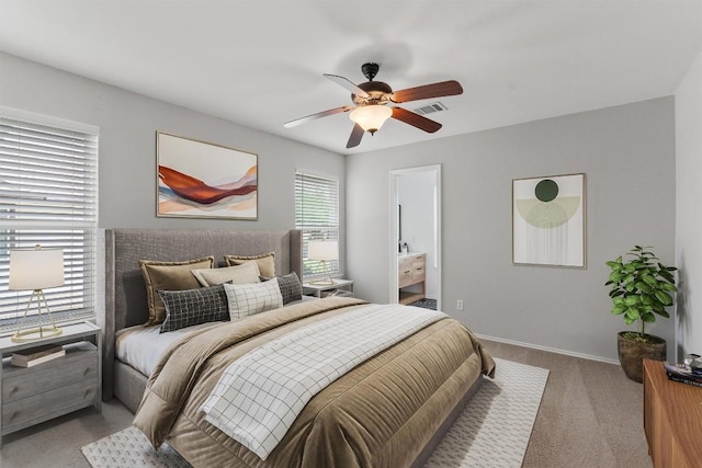 5902 Shreveport Dr, Austin, TX 78727 - carpeted bedroom with baseboards, ceiling fan, and connected bathroom