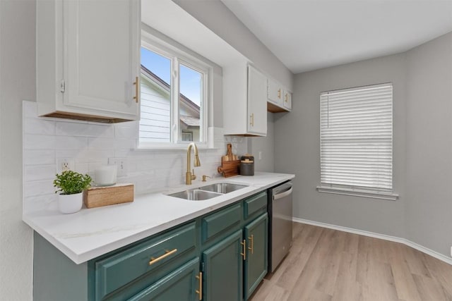5902 Shreveport Dr, Austin, TX 78727 - kitchen with green cabinets, dishwasher, a sink, white cabinetry, and light countertops